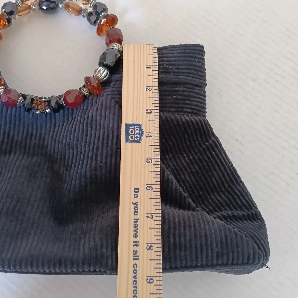 Cappelli Straworld Handbag Black Corduroy Beaded Ring Handle Vintage